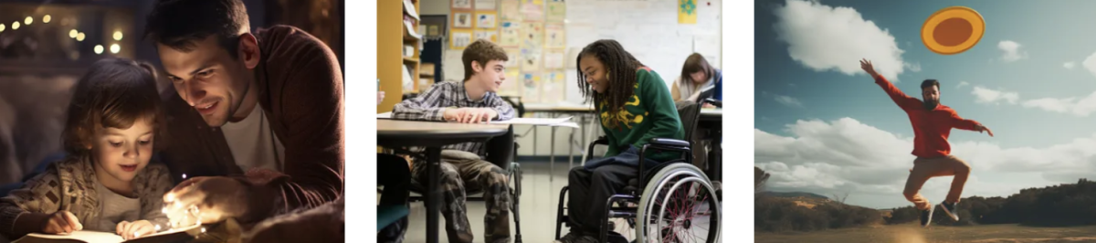 Three positive AI-generated images representing disability: An adult assisting their child in a warmly lit living room; a student seated at a classroom table collaborating with another using a wheelchair; a man athletically throwing a Frisbee-like disc.